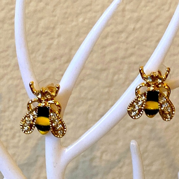 NEW Enamel BUMBLE BEES & Rhinestoned Post Pierced Earrings - Picture 1 of 3